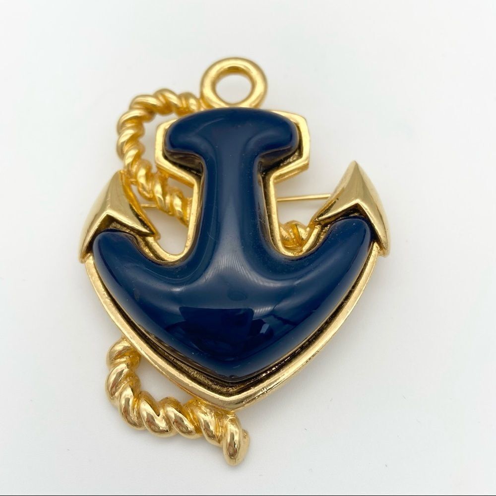 Anchor & Rope Navy & Gold Tone Nautical Brooch Pin